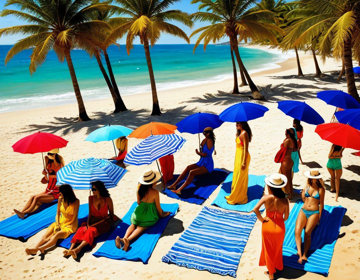 A sunny beach scene featuring a diverse group of stylish individuals showcasing vibrant summer attire, such as flowy maxi dresses, colorful swimsuits, and trendy beach hats. Bright blue ocean waves gently lap at the shore while palm trees sway in the background. Include elements like beach towels, sunglasses, and sun umbrellas to create a vibrant atmosphere. Emphasize a playful and relaxed vibe that embodies summer fun. super-realistic. vibrant colors. beach setting.