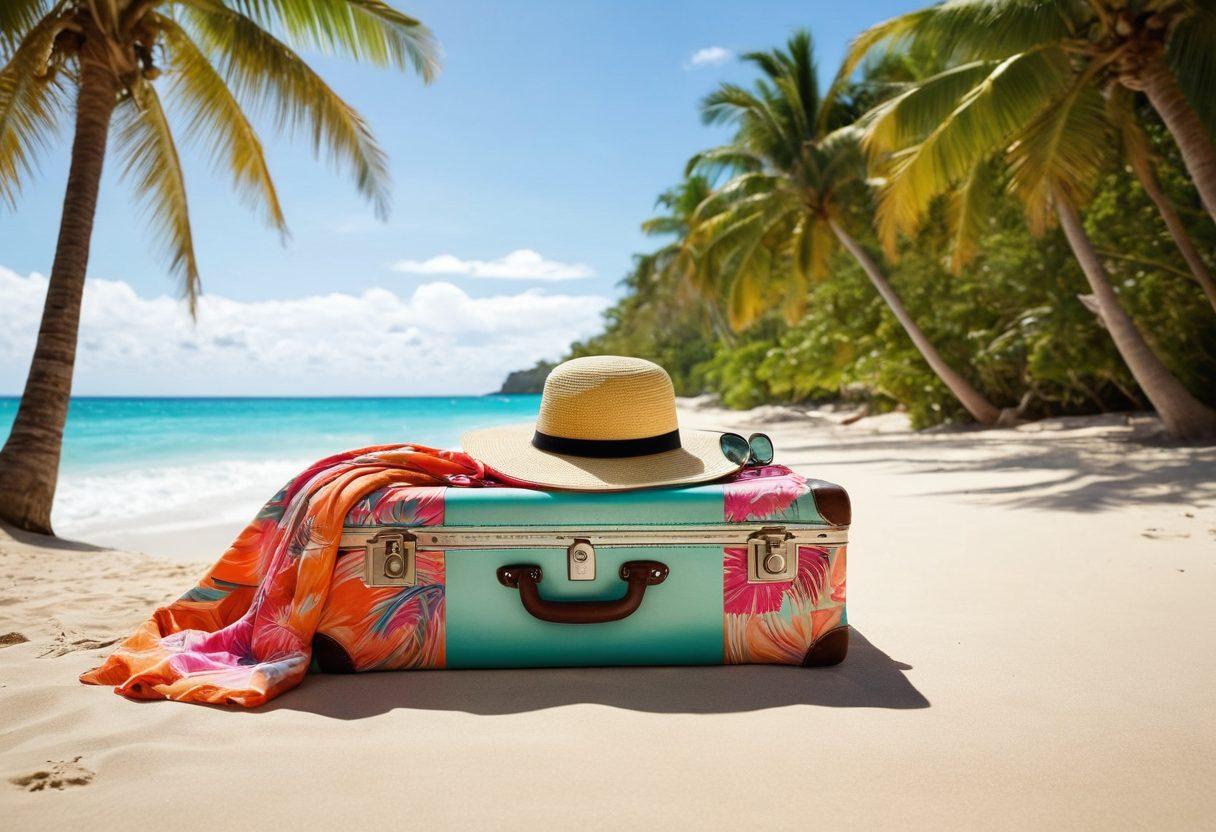 An elegant suitcase overflowing with chic resort wear such as colorful swimsuits, stylish sun hats, and lightweight cover-ups, set against a backdrop of a tropical beach with palm trees and crystal-clear waters. Bright, inviting colors that evoke a sense of vacation and leisure. Incorporate travel essentials like sunglasses and a beach towel peeking out. super-realistic. vibrant colors. tropical theme.